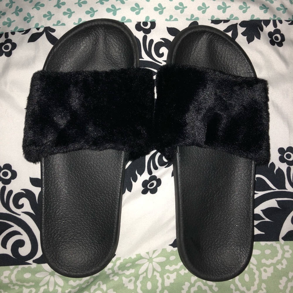 Black fuzzy slides